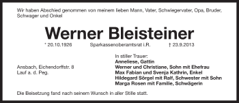 Traueranzeige von Werner Bleisteiner von Pegnitz-Zeitung